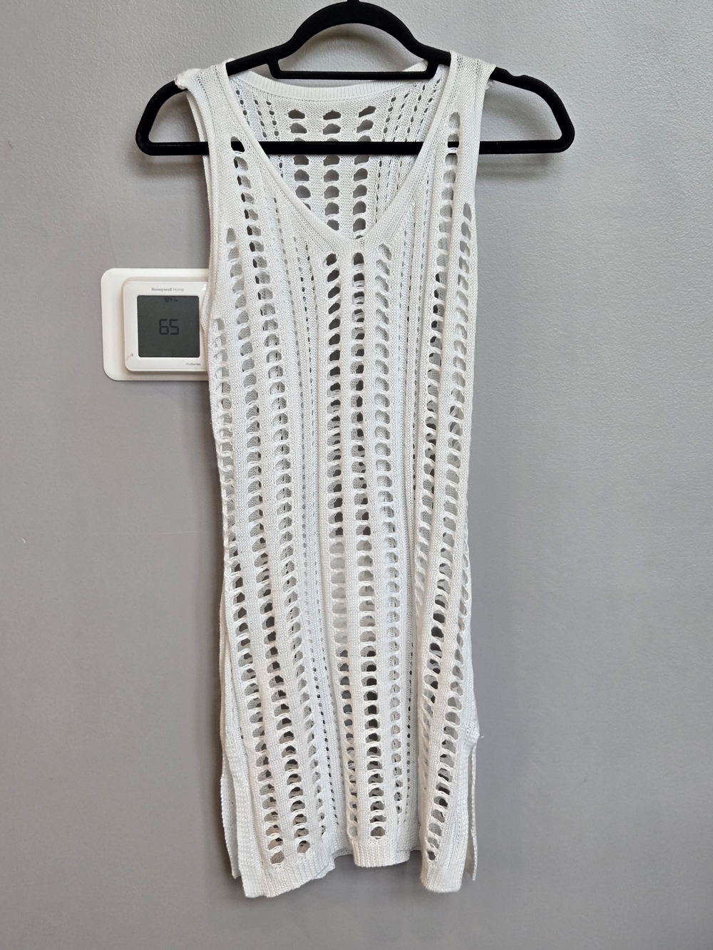 White Crochet Knit Swim Cover Up Dress Size S Open Knit Beach Side Slit Mini